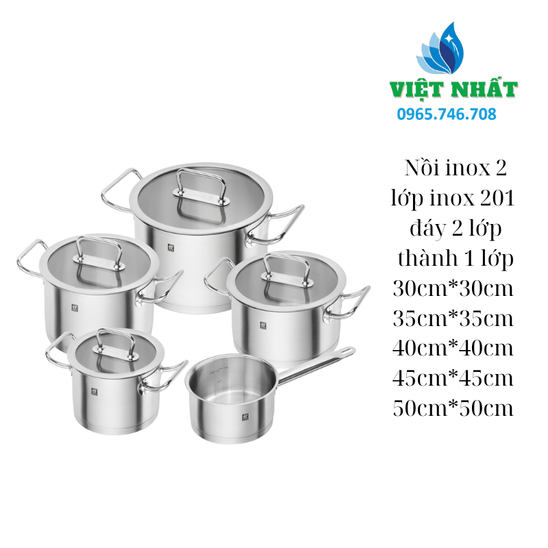 Nồi Inox 2 Lớp Inox 201 Dày Cao Cấp - Bộ 5 Kích Thước - Nội Thất Việt Nhất