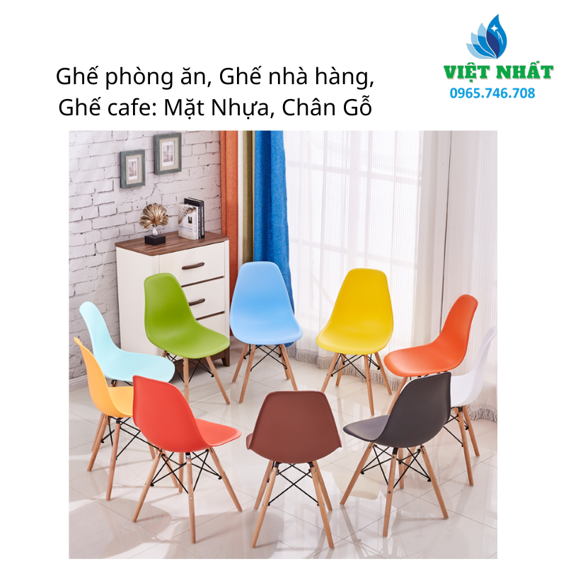 Ghế phòng ăn, Ghế nhà hàng, Ghế cafe: Mặt Nhựa, Chân Gỗ