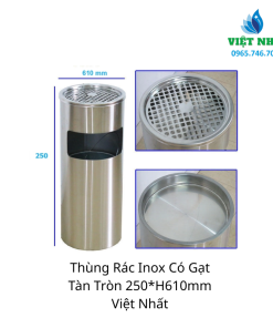Thùng Rác Inox Có Gạt Tàn Tròn 250*H610mm