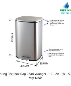 Thùng Rác Inox Đạp Chân Vuông 9 - 12 - 20 - 30 - 50L