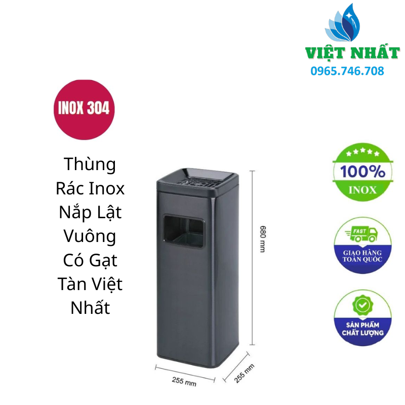 Thùng Rác Inox Vuông Có Gạt Tàn Thuốc Lá - Ảnh 2