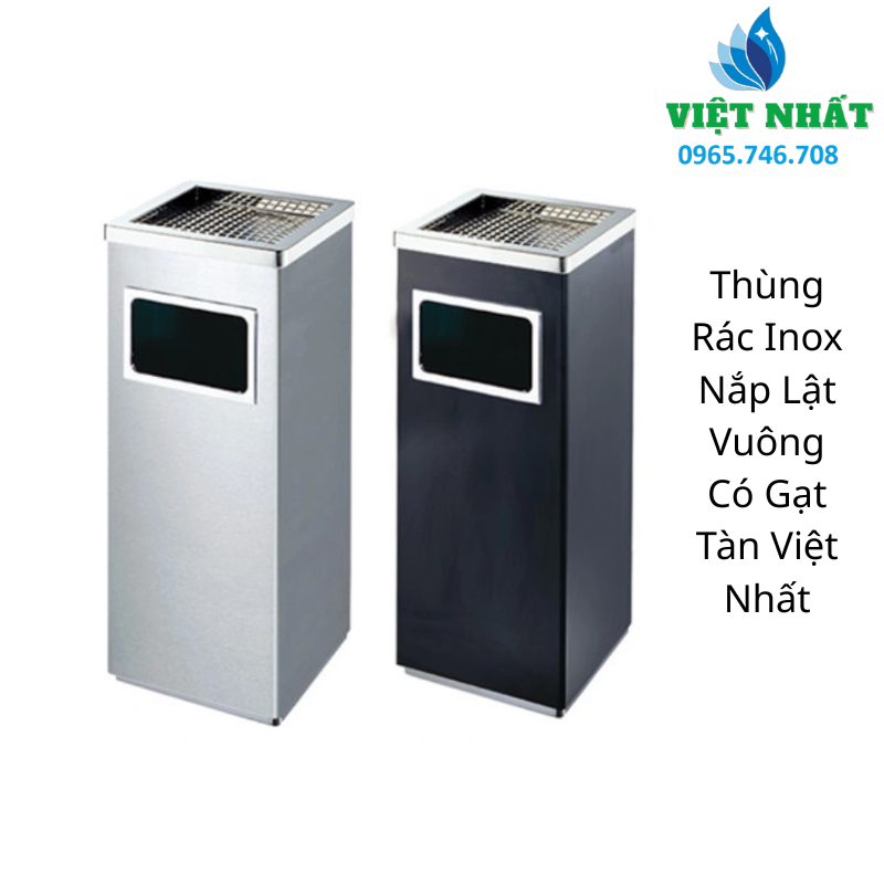 Thùng Rác Inox Vuông Có Gạt Tàn Thuốc Lá