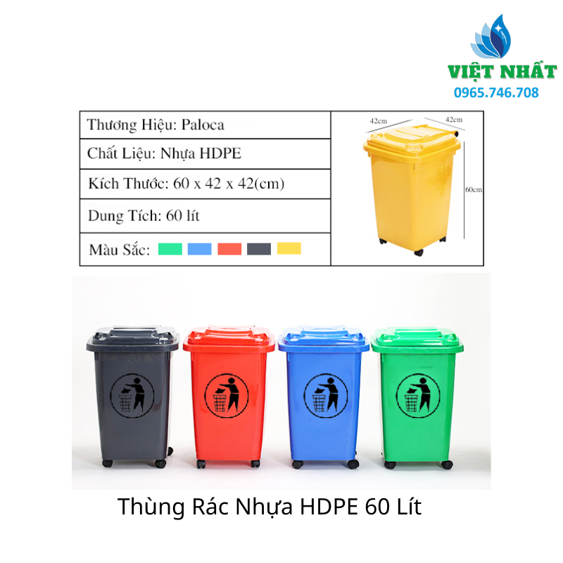 Thùng Rác Nhựa HDPE 60 Lít, Tiện Dụng, Giá Rẻ