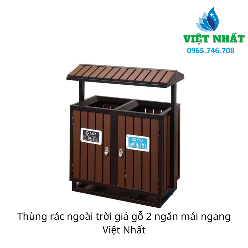 Thùng rác ngoài trời giả gỗ 2 ngăn mái ngang Việt Nhất - Ảnh 3