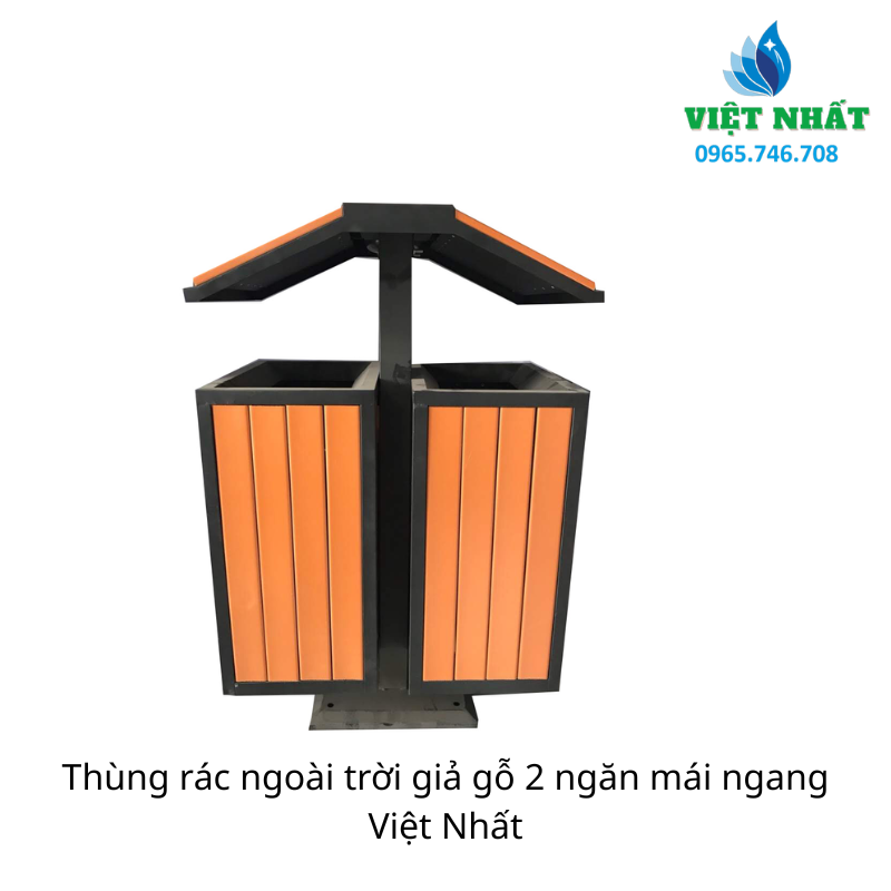 Thùng rác ngoài trời giả gỗ 2 ngăn mái ngang Việt Nhất - Ảnh 2