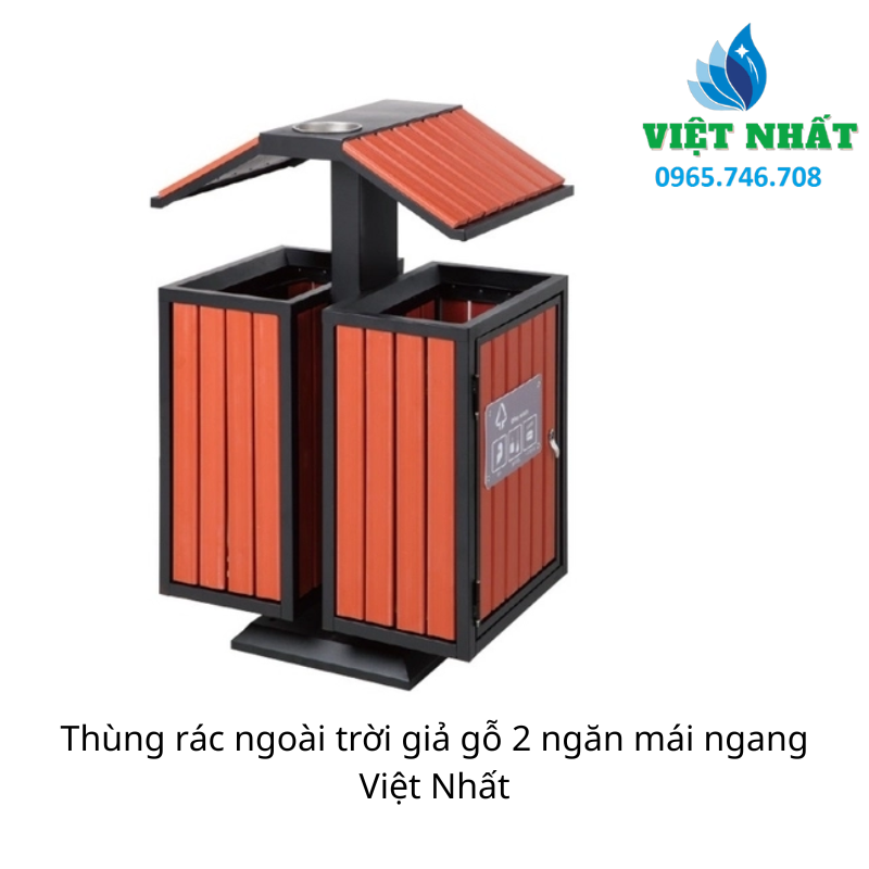 Thùng rác ngoài trời giả gỗ 2 ngăn mái ngang Việt Nhất