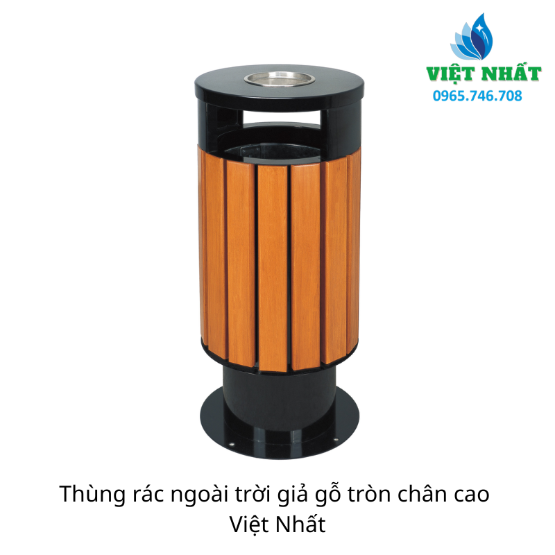 Thùng rác ngoài trời giả gỗ tròn chân cao | noithatvietnhat.vn