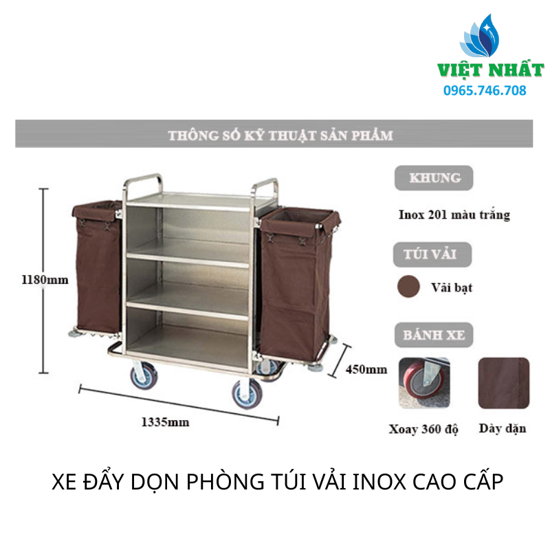 XE ĐẨY DỌN PHÒNG TÚI VẢI INOX CAO CẤP - NỘI THẤT VIỆT NHẤT